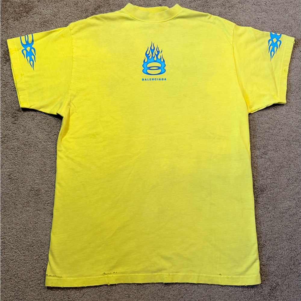 BALENCIAGA 'BURNING UNITY' YELLOW/BLUE DESTROYED TEE